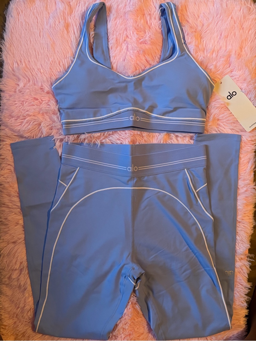 ALO Yoga Light Blue Seam-Accent Leggings and Sports Bra Set